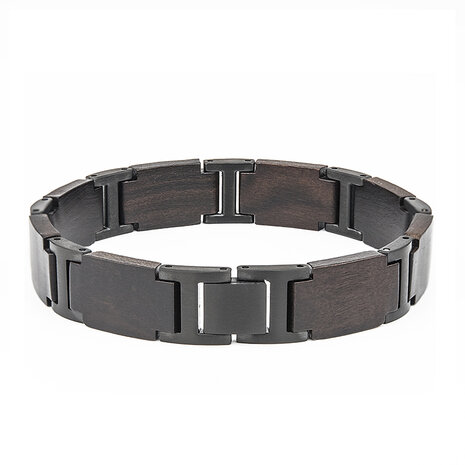 Armband Donker bruin Ebony houten L 21.5 cm, RVS tussenschakels mat zwart