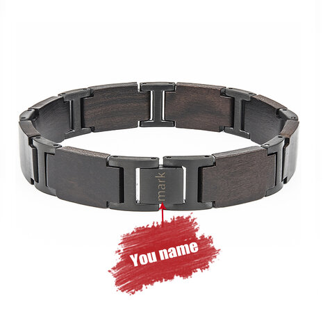 Armband Donker bruin Ebony houten L 21.5 cm, RVS tussenschakels mat zwart