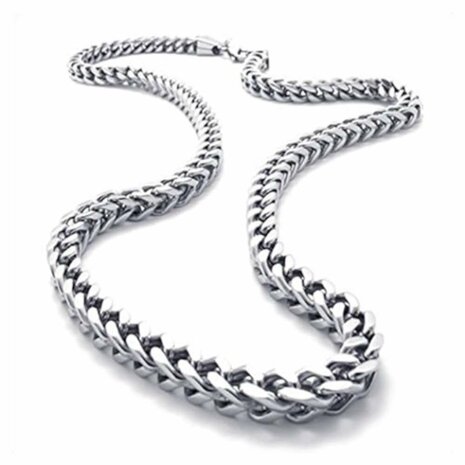 Collier zilverkleurig vierkant gourmet gevlochten. L 45 cm