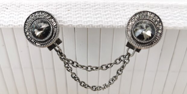 Clips mit doppelter Kette, oval mit schwarz-großem anthrazitfarbenem Kristall