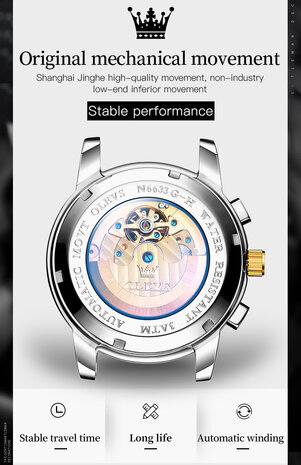 OLEVS Mechanische Uhr, Edelstahl, Tachymeter, Tourbillon, Monat-Tag, Wochentag, Jahr, Monat, 24-Stunden-Mondphasenanzeige, 5 Versionen