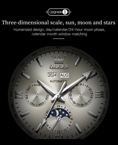 OLEVS Mechanische Uhr, Edelstahl, Tachymeter, Tourbillon, Monat-Tag, Wochentag, Jahr, Monat, 24-Stunden-Mondphasenanzeige, 5 Versionen