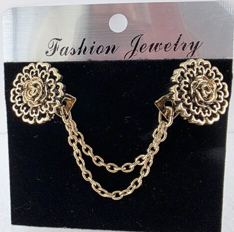 Clips met dubbel ketting, roos hartenblad, in antiek goudkleur.