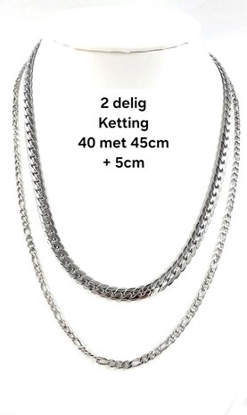 Ketting 2 laags RVS - Lengte 40-45 met 6 cm - Zilverkleurig