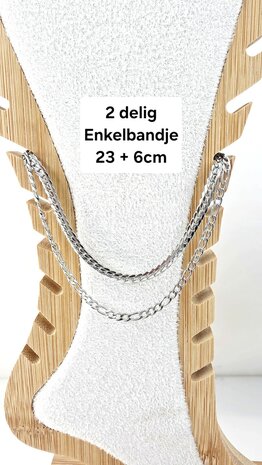 Enkelbandje 2 laags RVS - Lengte 23 met 6 cm - Zilverkleurig