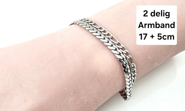 Armband 2 laags RVS - Lengte 17 of 19 met 6 cm - Zilverkleurig