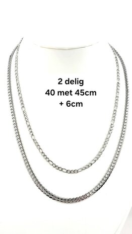 Ketting 2 laags RVS - Lengte 40-45 met 6 cm - Zilverkleurig