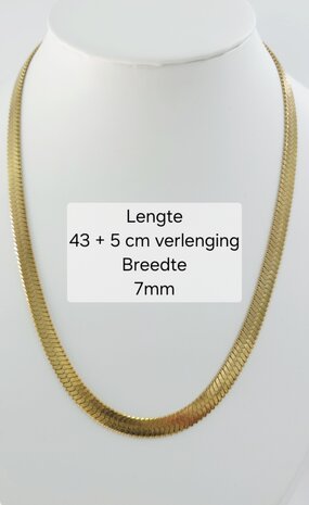 Platte Choker ketting rvs, goudkleurig, L 43 + 5 cm, Br 6mm