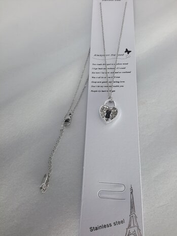 schakelketting, hartenslot, strass, RVS