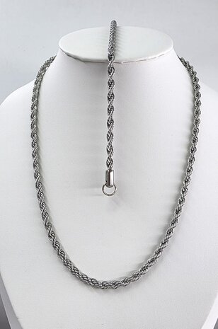 Edelstahl-Set. Silberfarbene gedrehte Halskette mit Armband