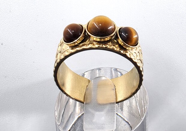 Ring RVS drie tijgeroog edelstenen goudkleurige