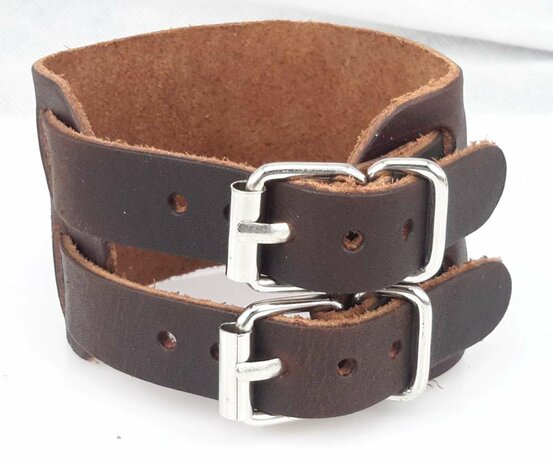 Breites Lederarmband &ndash; Doppelriemen mit Schnallenverschluss, Schwarz oder Braun