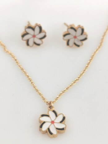 Set: Halskette mit Anh&auml;nger Melati goldfarben und Ohrstecker aus Edelstahl, die indische Jasminbl&uuml;te.