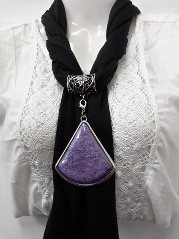 Hanger compleet met koppelstuk & ringen: driehoekige paarse "Aderen des Leven" harssteen