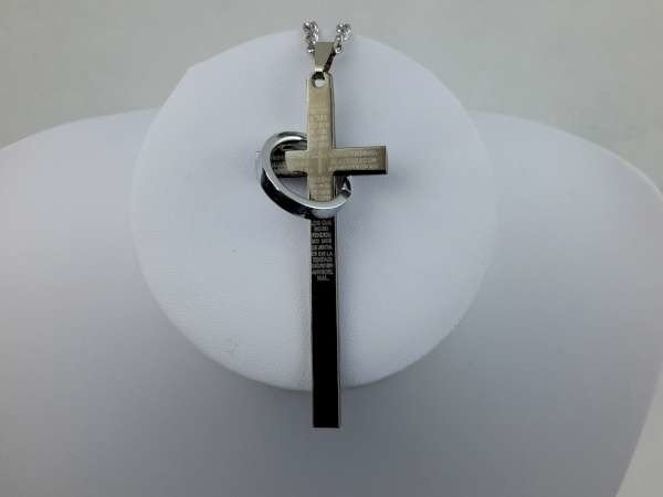 Hanger, edelstaal, lang kruis met bijbelse tekst, 1 ring