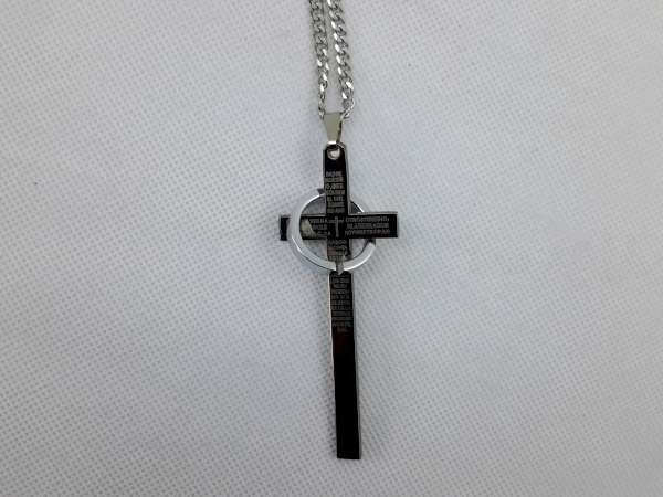 Hanger, edelstaal, lang kruis met bijbelse tekst, 1 ring