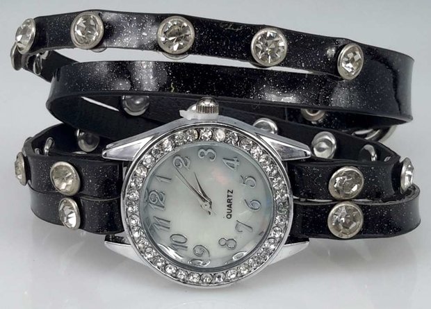 Armband horloge, PU leren wrap (2), zirkonia, strass, 2 kleuren