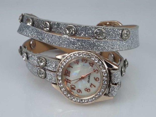 Armband horloge, PU leren wrap (2), zirkonia, strass, 3 glitterkleuren