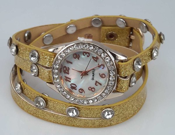 Armband horloge, PU leren wrap (2), zirkonia, strass, 3 glitterkleuren