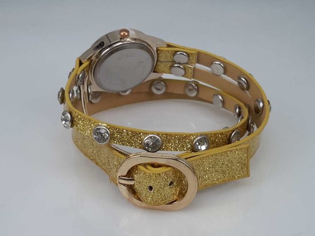 Armband horloge, PU leren wrap (2), zirkonia, strass, 3 glitterkleuren