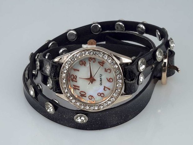 Armband horloge, PU leren wrap (2), zirkonia, strass, 3 glitterkleuren