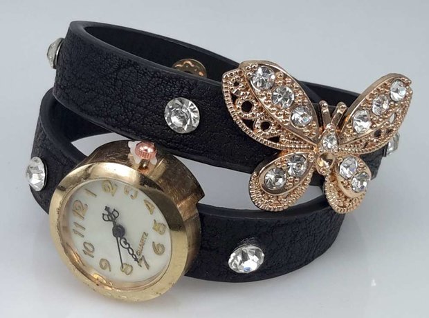 Armbandhorloge, PU leren wrap (2), vlindertje, zirkonia, 4 kleuren