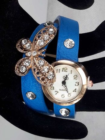 Armbandhorloge, PU leren wrap (2), vlindertje, zirkonia, 4 kleuren