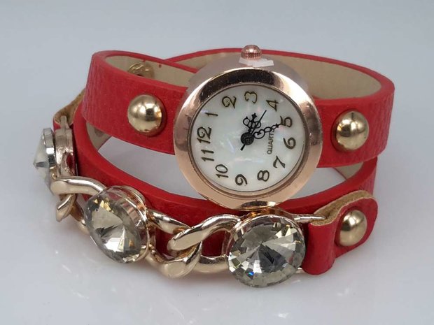 Armbandhorloge, PU leren wrap (2), goudkleur, schakelketting en 3 grote facet geslepen kristal, 5 kleuren