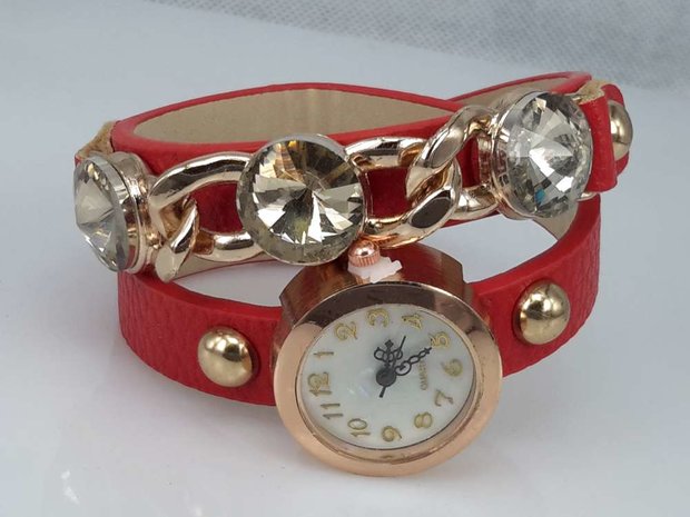 Armbandhorloge, PU leren wrap (2), goudkleur, schakelketting en 3 grote facet geslepen kristal, 5 kleuren