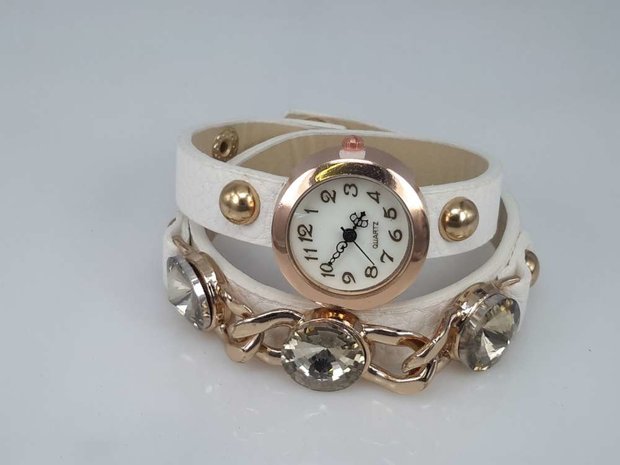 Armbandhorloge, PU leren wrap (2), goudkleur, schakelketting en 3 grote facet geslepen kristal, 5 kleuren