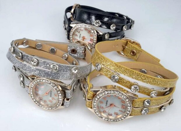 Armband horloge, PU leren wrap (2), zirkonia, strass, 3 glitterkleuren