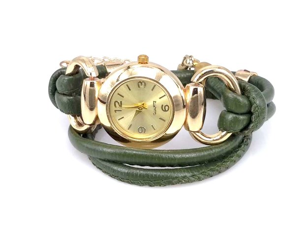 Armbandhorloge, dubbele PU leren veterwrap (2), ringetje met zirkonia, 7 kleuren