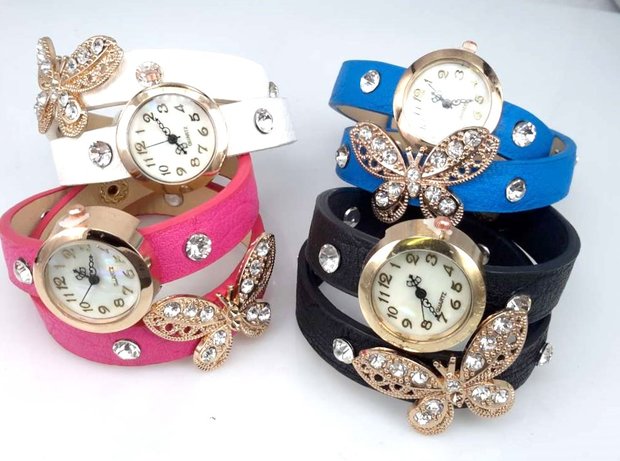 Armbandhorloge, PU leren wrap (2), vlindertje, zirkonia, 4 kleuren