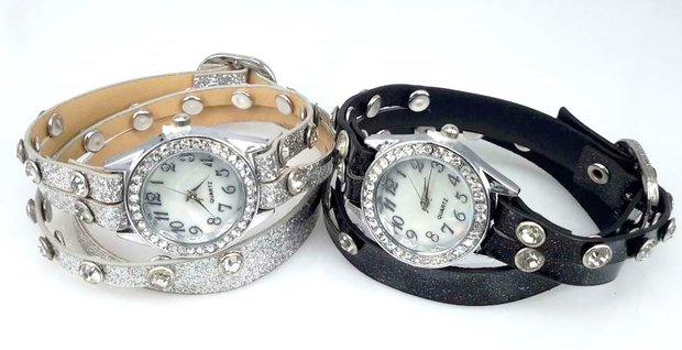 Armband horloge, PU leren wrap (2), zirkonia, strass, 2 kleuren