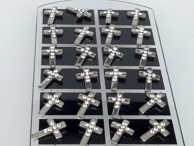 Edelstahl-Stud, Kreuz mit Strasssteinen, Display von 12 Paaren.