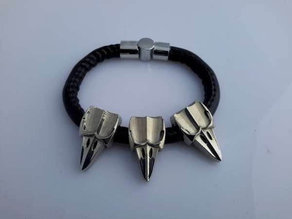 PU leren armband, rond, 3 metalen tand hangertjes, zwart