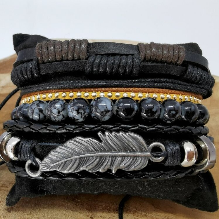 Armband Kordelzug / elastisches Leder / Perlen, schwarz / braun / grau, 4-teilig