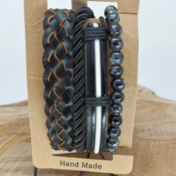 Armband Kordelzug / elastisches Leder / Perlen, schwarz / grau / weiß, 4-teilig