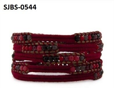 Vermeil Wrap armband, bruin leer, donkerrode band met gemixde semi-precious-Agaat edelstenen kralen