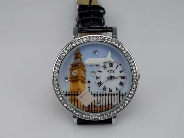 Horloge, zilverkleur, strass, PU leren band, klok: "big ben", vliegtuig, zwart