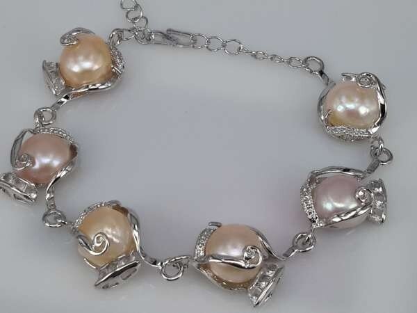 Armband, zilverkleur, met echte 6 zoetwaterparels, rosé, wit