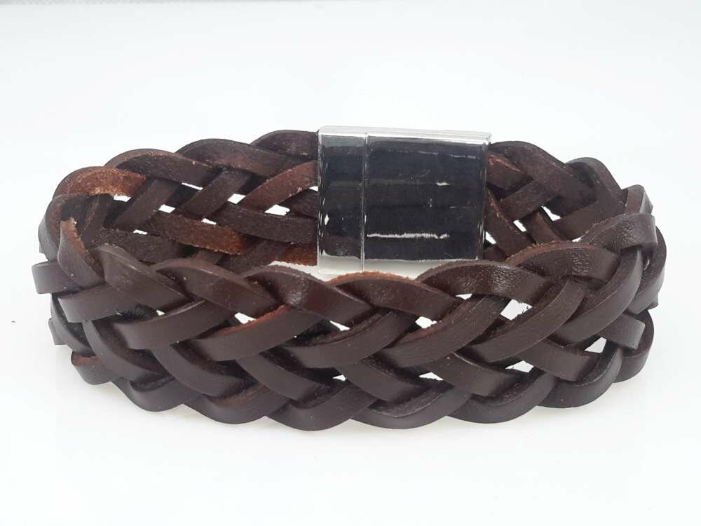 Lederarmband breit, braun, geflochten, Magnetverschluss
