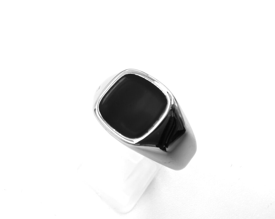 Zegelring Heren / jongen, RVS Zilverkleurig met Zwart vierkant Emaille. Doos 36 stuks.