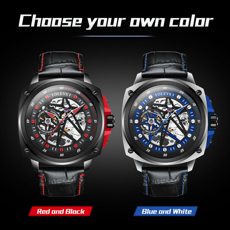 OLEVS Gemini Square, Doppelstern-Skelett, Edelstahluhr, Tourbillon, automatischer und manueller Aufzug, 5 ATM, Lederarmband, 2 Versionen