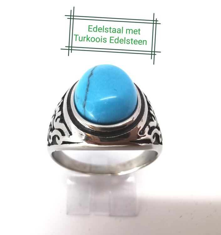 Edelstaal ovale zegelring met Turkoois edelsteen