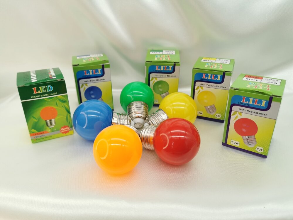 Farbige Ledlampe 1,2 W, E27 G45