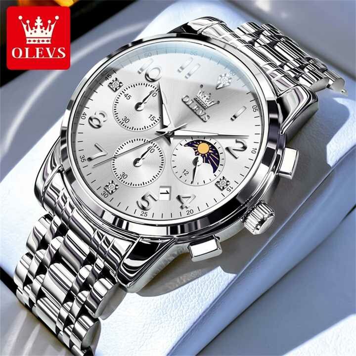 OLEVS-Chronografie-Quarzuhr aus Edelstahl, Stunden- und Minutenanzeige sowie Mondphasenanzeige und Tageskalender, 4 Versionen