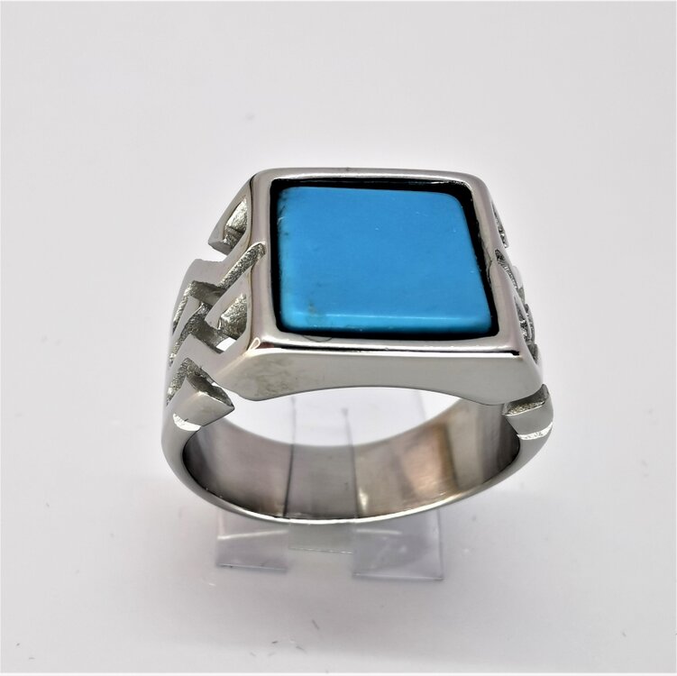 Edelstaal vierkante heren zegelring met echte Turkoois edelsteen en mooie bewerkt glanzend zijkant.