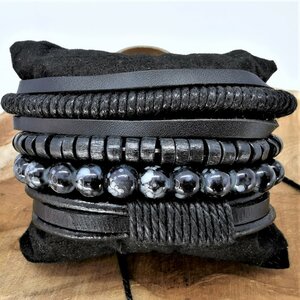 Armband Kordelzug / elastisches Leder / Perlen, schwarz / grau, 4-teilig