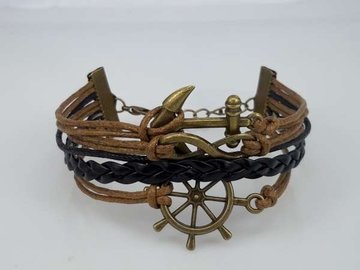 Armband, lichtbruin, zwarte vlecht, anker, scheepsstuur, krul